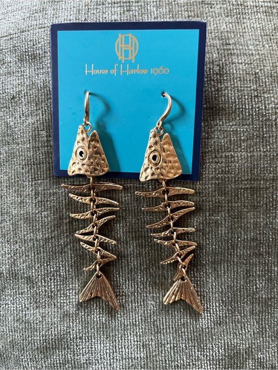 House of Harlow 1960 Jewelry - House of Harlow 1960 Hammered Gold Fishbone Dangle Earrings